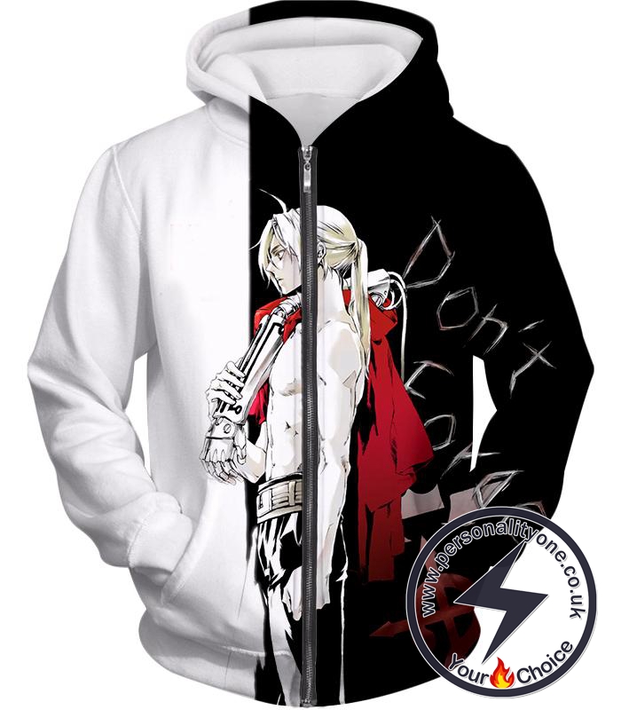 Fullmetal Alchemist Cool Alchemist Edward Elrich Amazing Black and White Anime Zip Up Hoodie